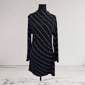 H&M Black and White Long Sleeve High Neck Ruched Dress Size Small